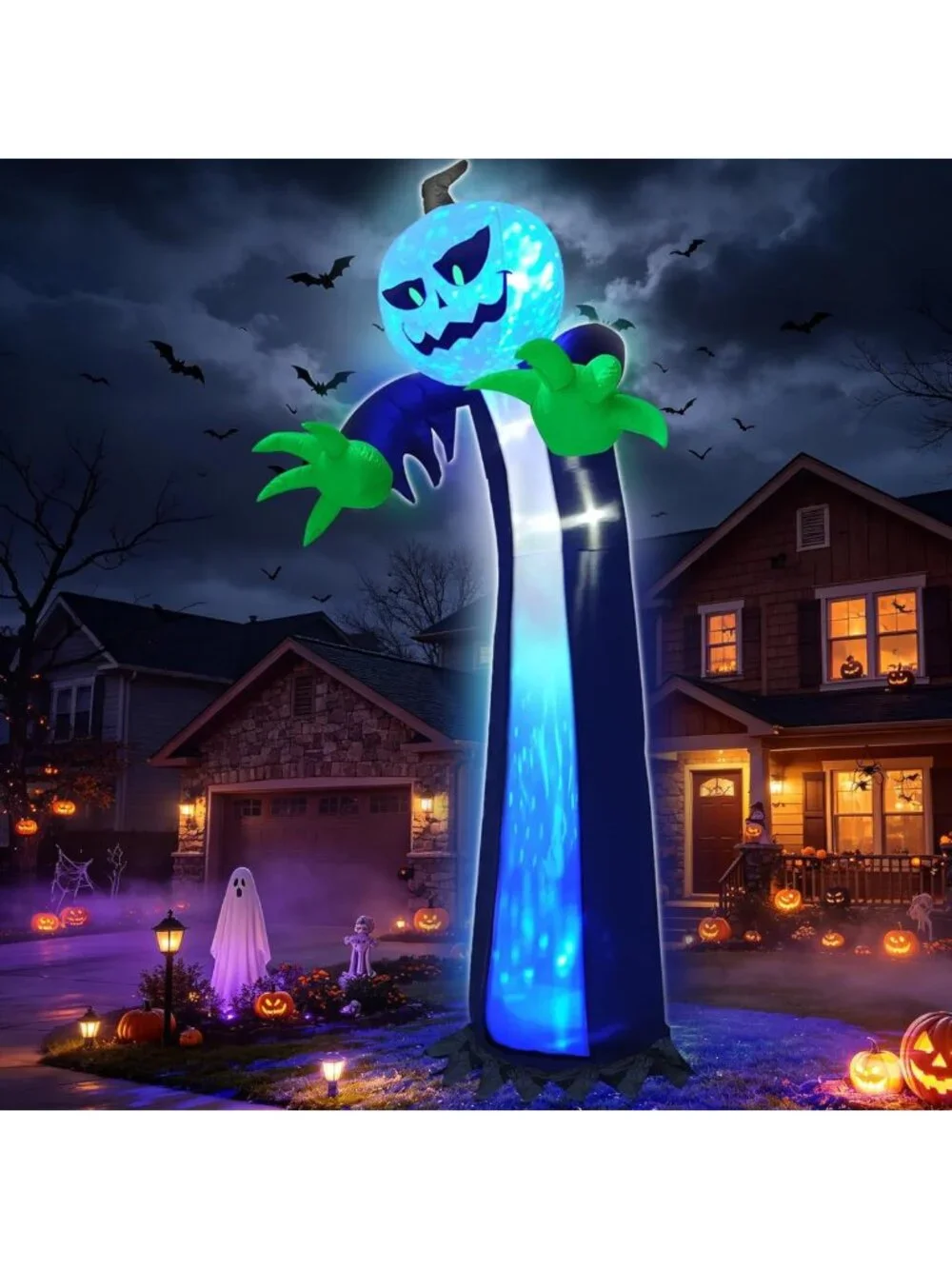 14 Ft Inflatable Pumpkin Ghost Decoration with Rotating LED Light for Halloween